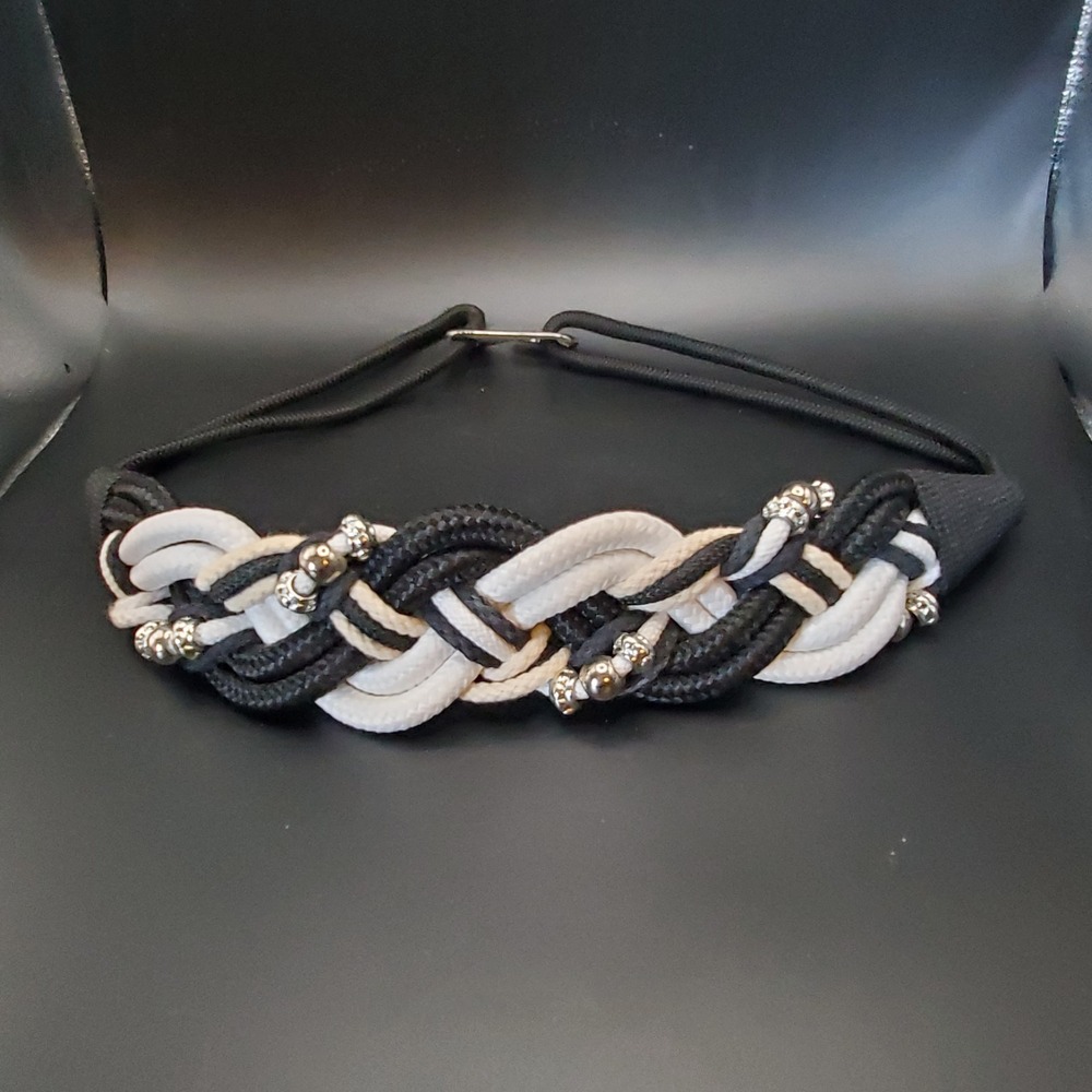 Retro 80's Women's Belt Cumberbund Black Fabric Rope Twisted W/Silver Beads